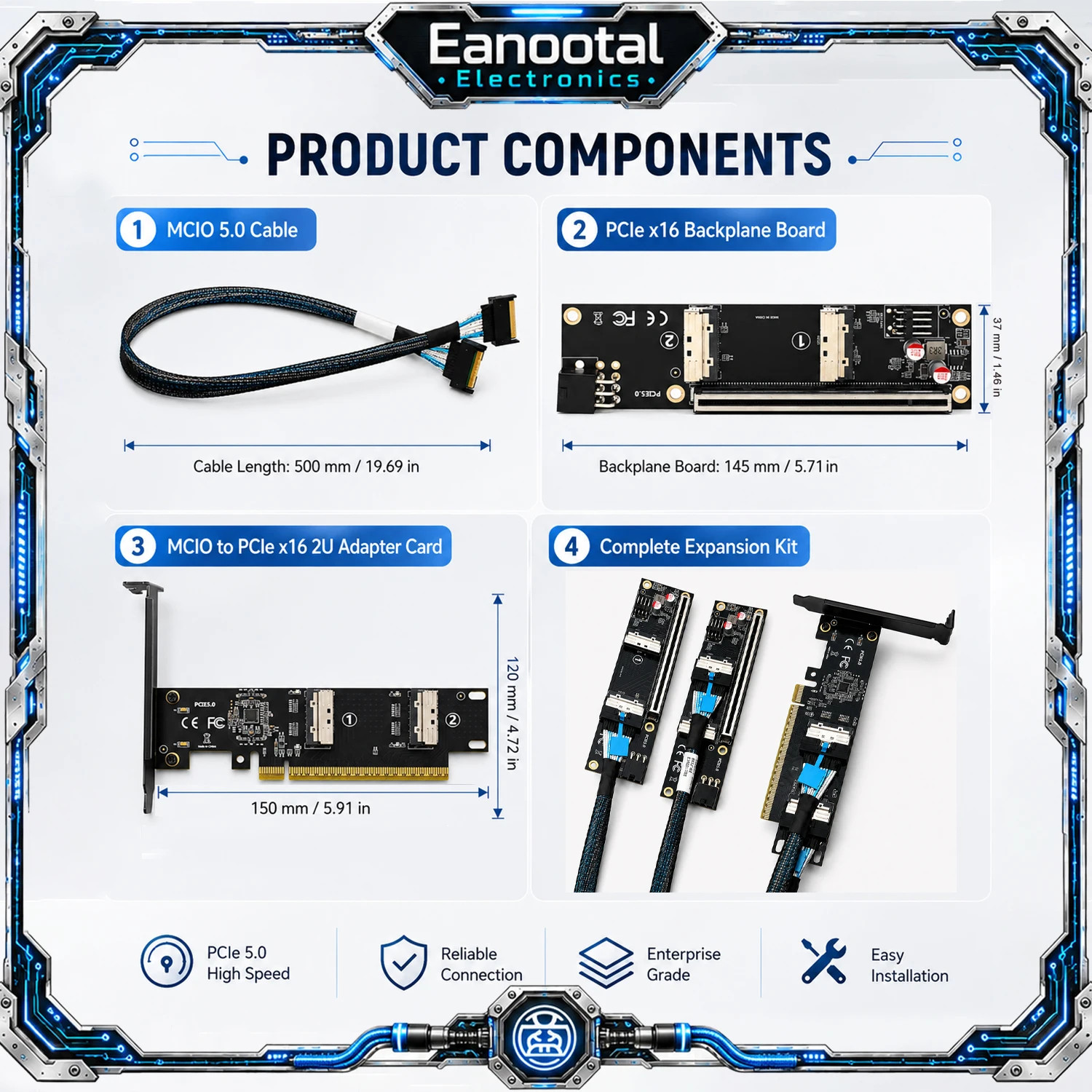 MCIO 5.0 to PCIe 5.0 X16 Expansion Kit Dual MCIO 8i Riser Adapter Card with 2 Ba