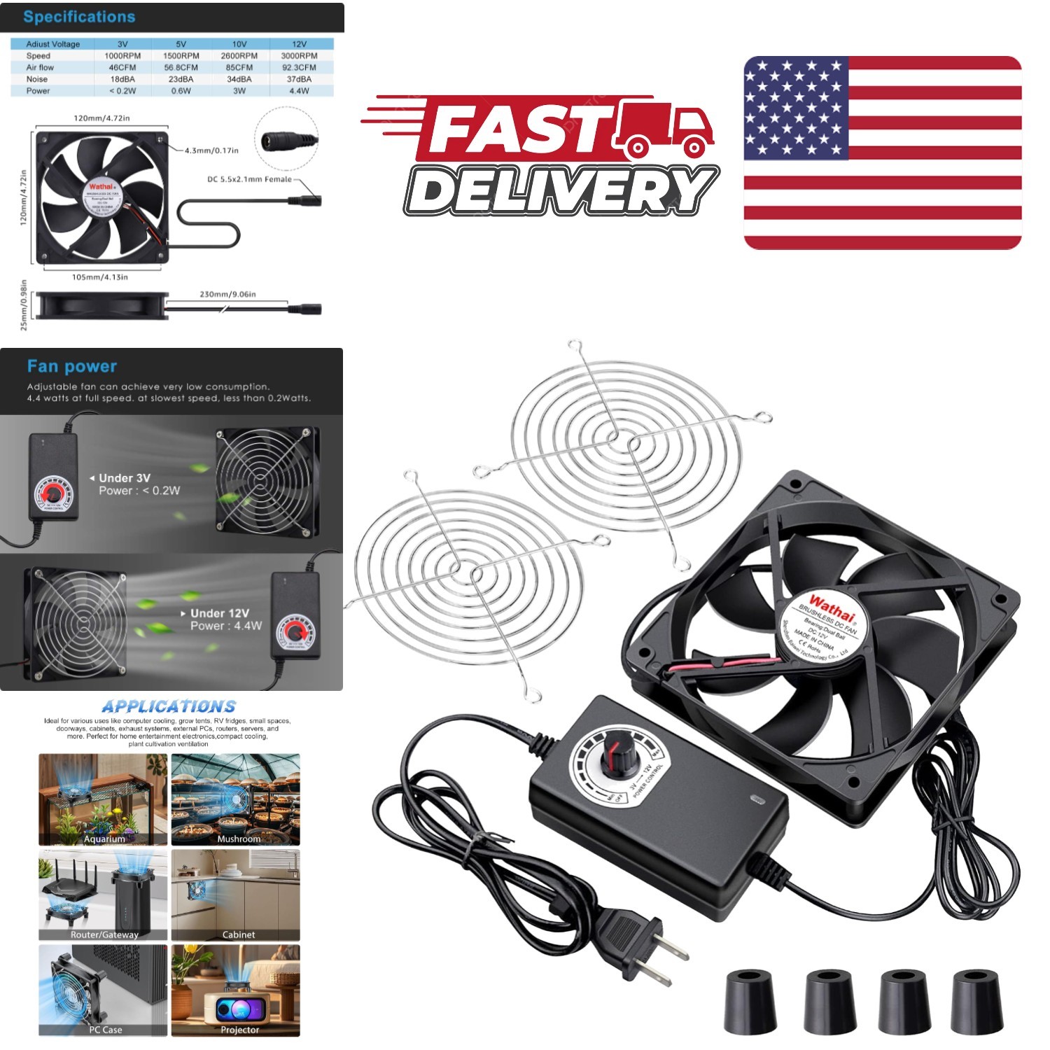 Powerful 120mm AC Fan with Speed Control for Projector Laptop Server Cooling
