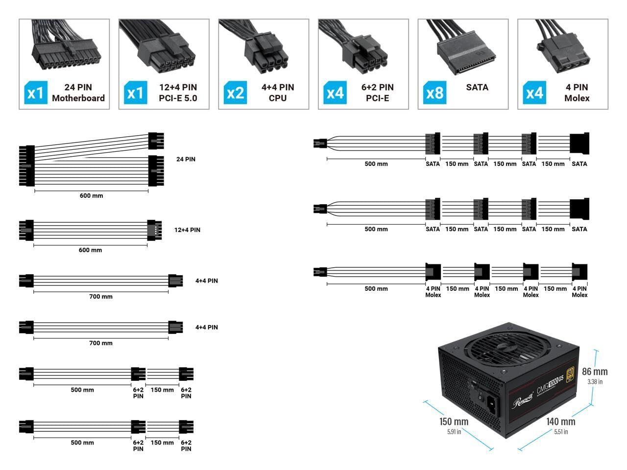 Rosewill CMG5 1000W, 80+ Gold, PCIe 5.0 600W 12V-2×6 Connector