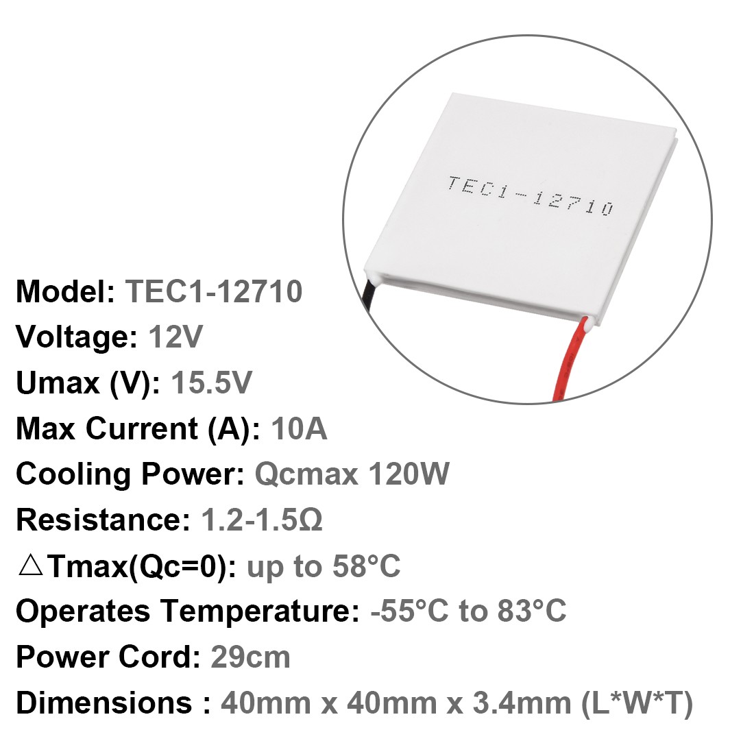 TEC1-12710 Thermoelectric Cooler Heat Sink Cooling Peltier 12 Volt 120 Watt