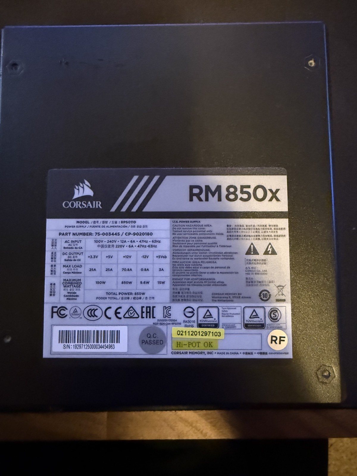 850W Power Supply Corsair RM850x RPS0110 / 75-003445 With Cables