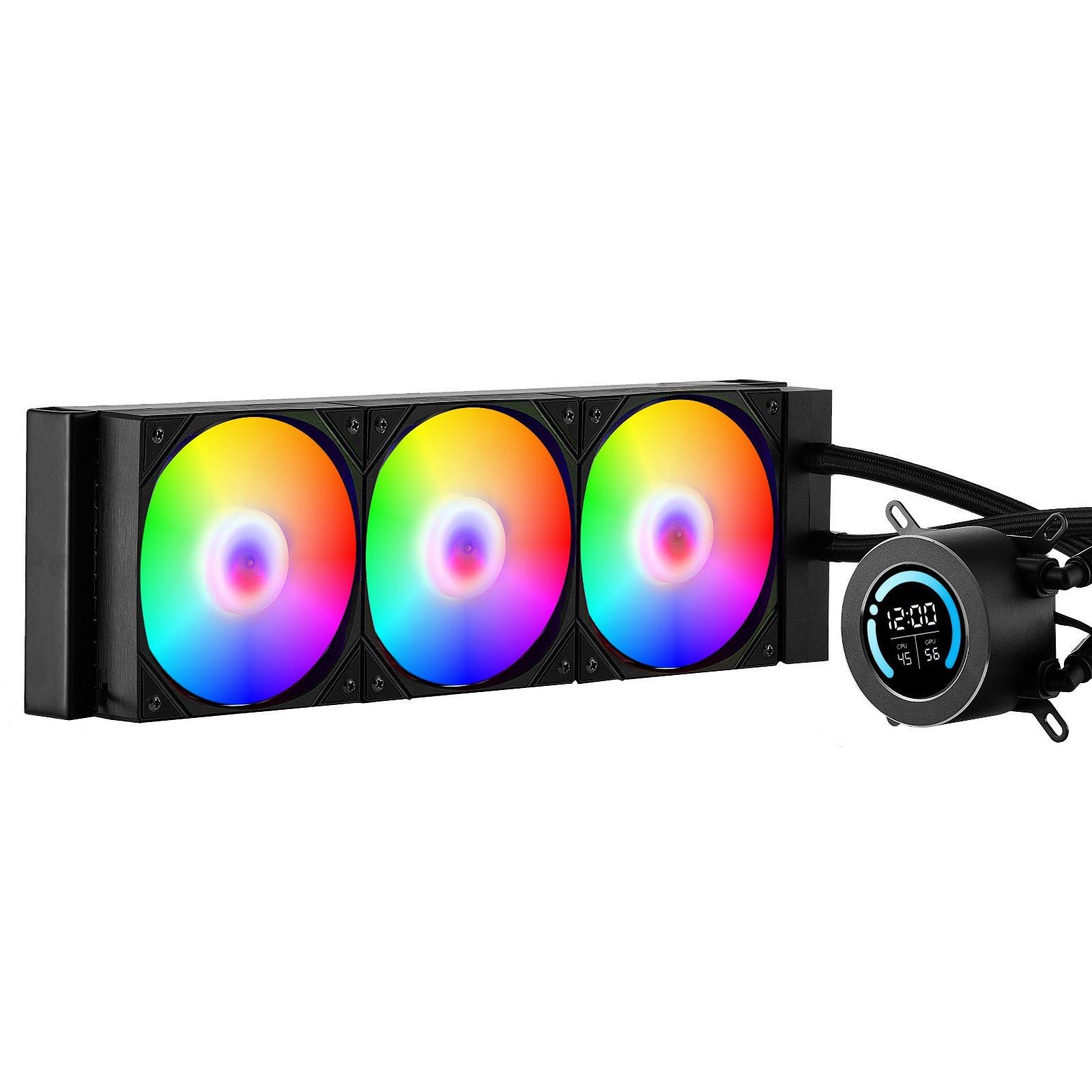 Black CPU Water Cooler w/ 2.1″ LCD, ARGB, 3x120mm PWM Fans
