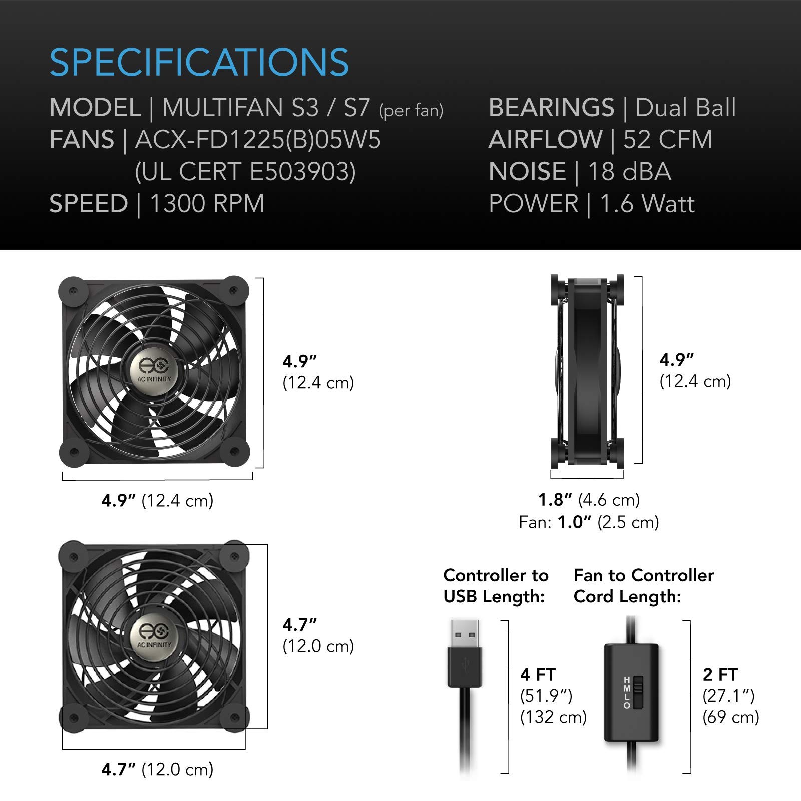 AC Infinity MULTIFAN S7, Quiet Dual 120mm USB Fan, UL-Certified for Black