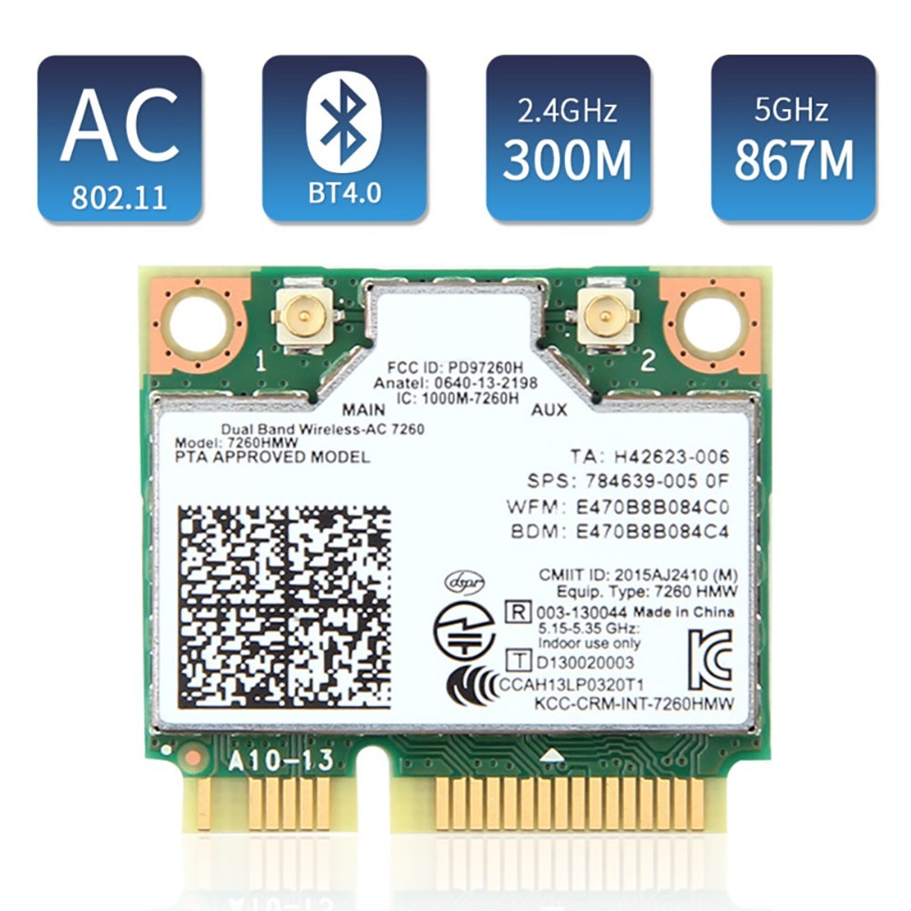 Intel 7260HMW Dual-Band Wireless-AC Card, 802.11ac WiFi + Bluetooth 4.0 for PC