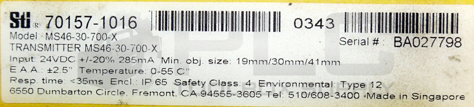 STI MS46-30-700-X LIGHT CURTAIN TRANSMITTER MINI SAFE 4600 MS4630700X *READ*