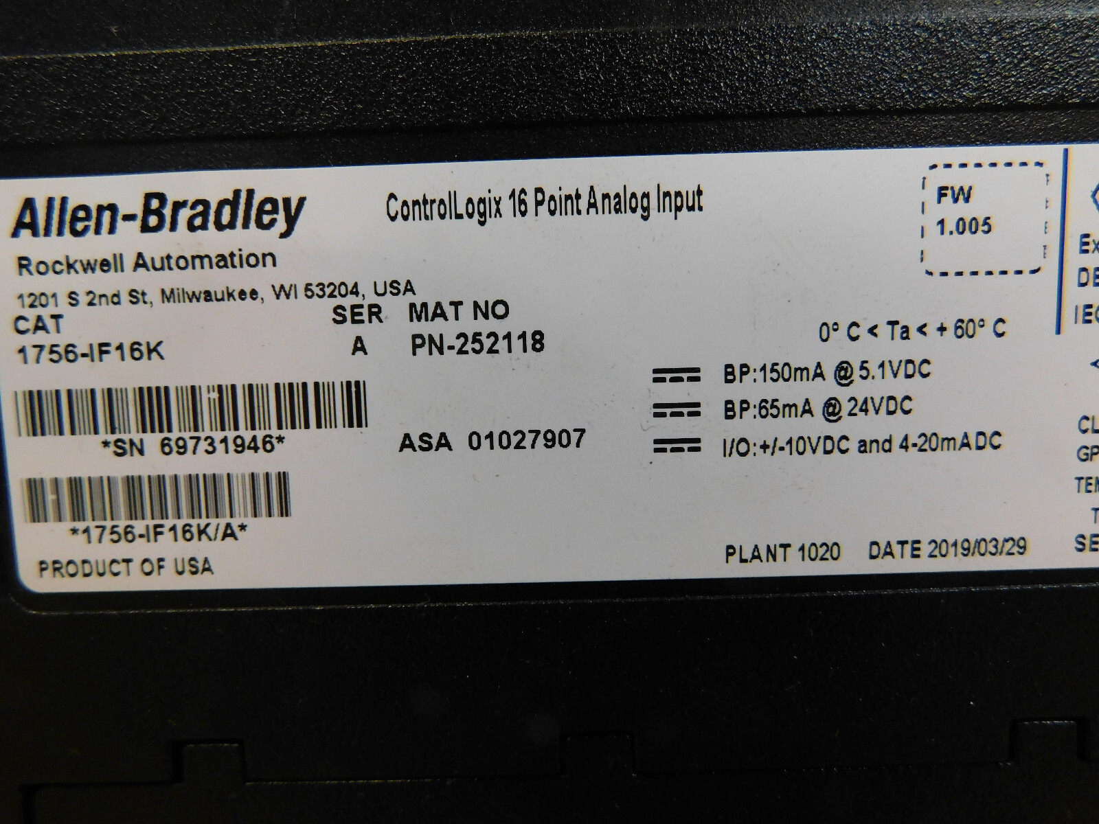 Allen Bradley 1756-IF16K Ser A Control Logix 16pt analog input used CSQ