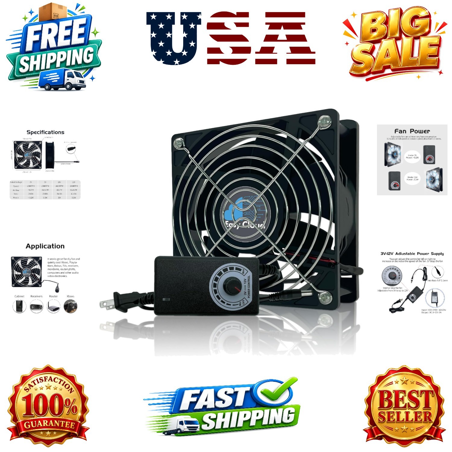 Computer Fan with AC Plug, 120mm Variable Speed Axial Muffin PC Fan with Cont…