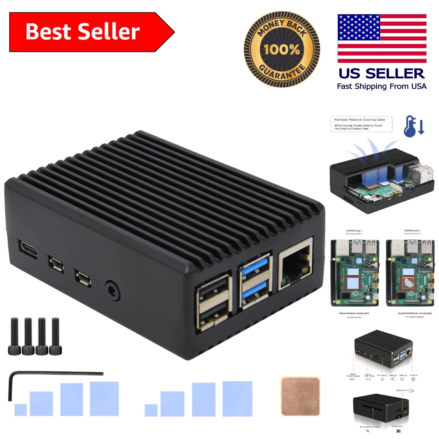 Raspberry Pi 4 Model B Aluminum Case – Durable Passive Cooling with Heatsinks