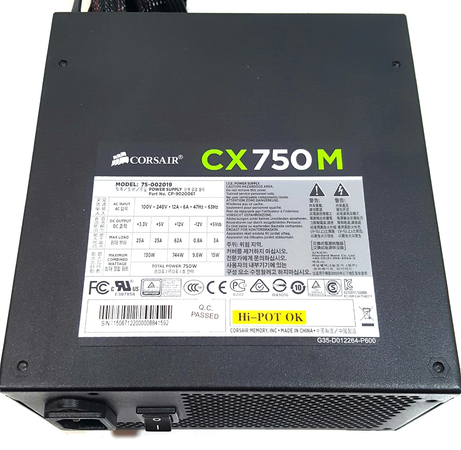 Corsair CX750M 75-002019 CP-9020061 750W Power Supply Works Tested Semi Modular
