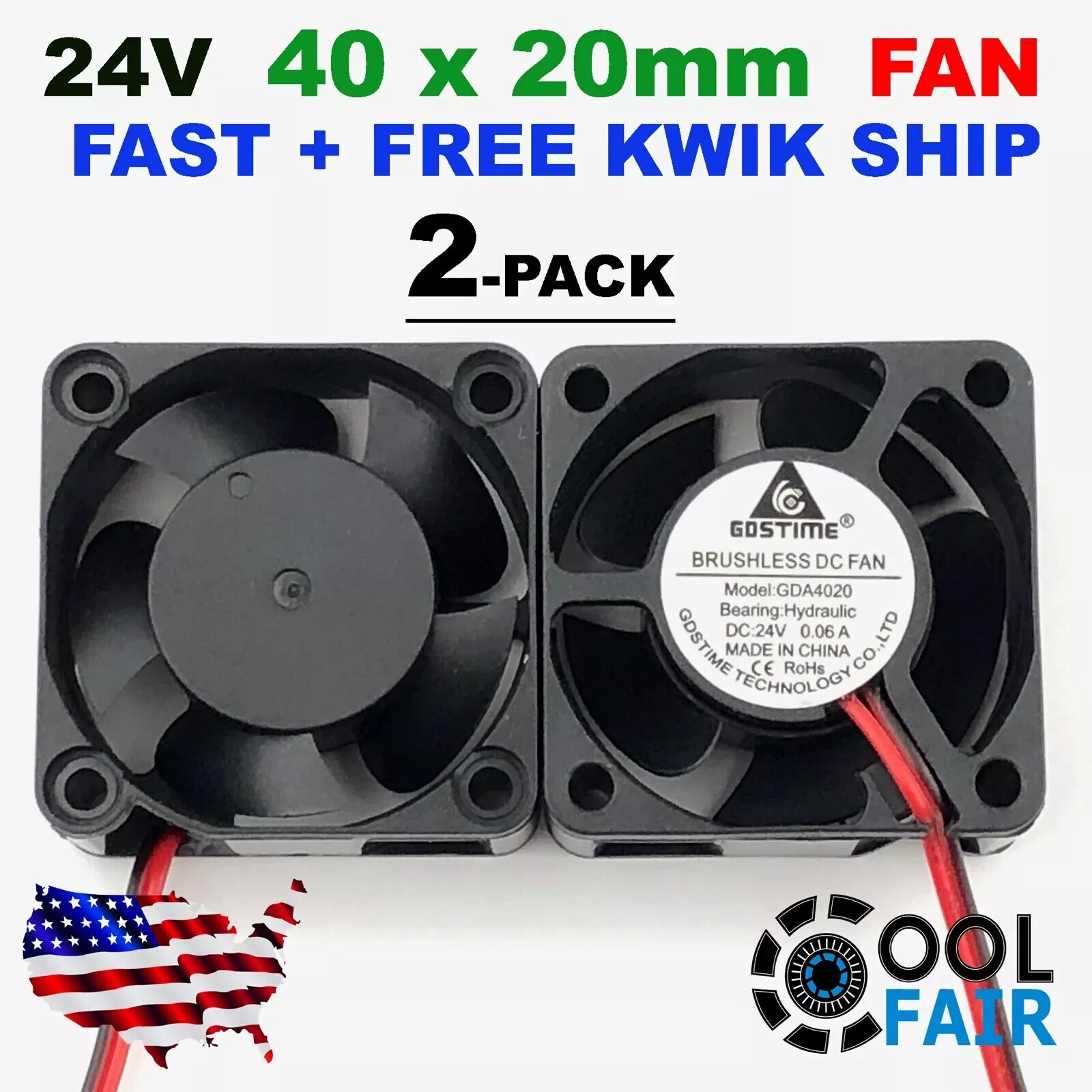 24V 40mm X 20mm New Case Fan DC Computer Cooling 2pin Sleeve Brg 4020 2-Pack A32