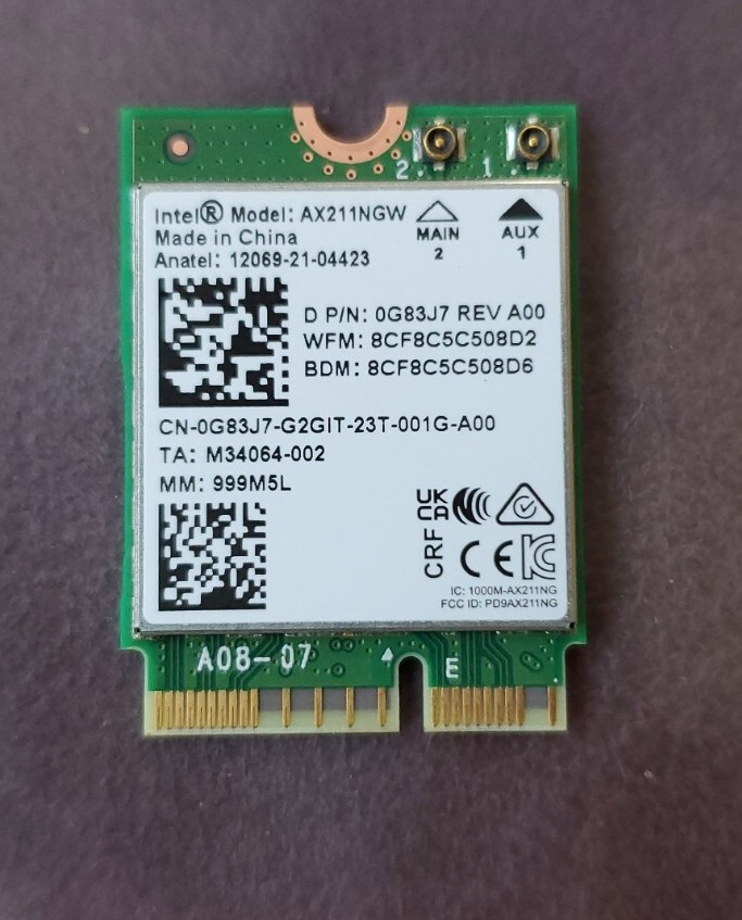 Intel Wi-Fi 6E AX211NGW M.2 2230 CNVio2 Key E 802.11ax Wi-Fi Card D P/N 0G83J7