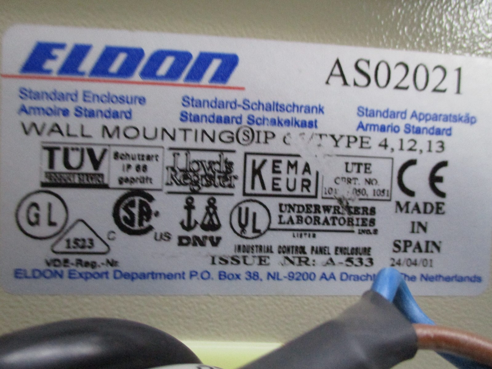 ELDON AS02021 12 13 WALL MOUNTED ENCLOSURE w/ DMM-16-5-P-A & 2x T-91-S