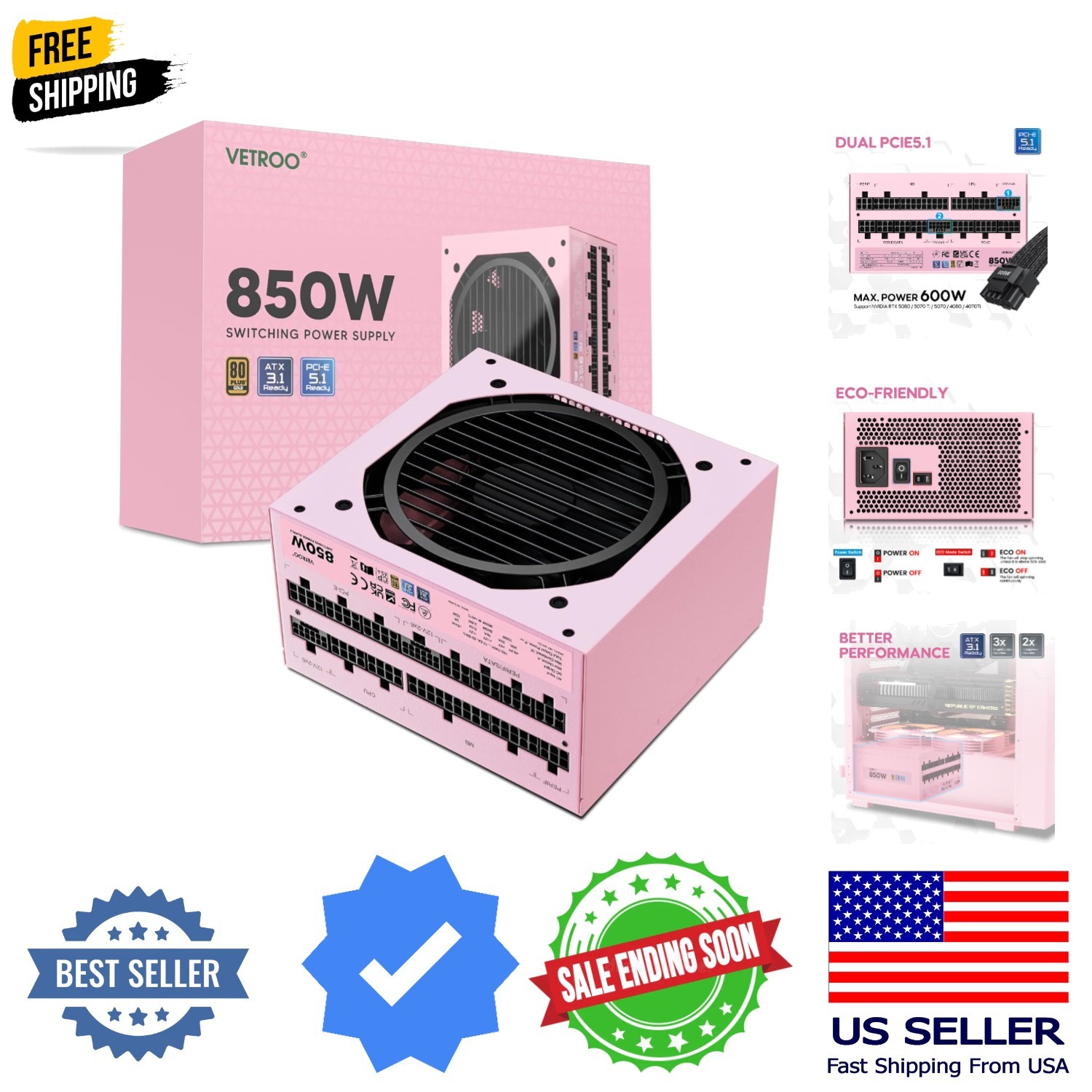 850W Power Supply Dual PCIe 5.1 ATX 3.1 Ready, 80 Plus Gold Full Modular, Qui…