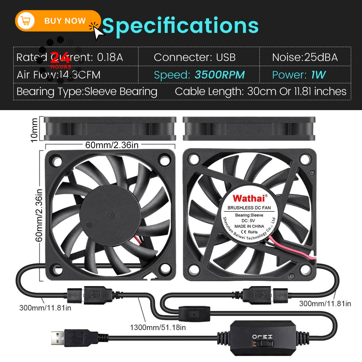 2 Packs Wathai 60mm x 10mm USB Computer Fan 5V with Speed 60x10mm (5V)