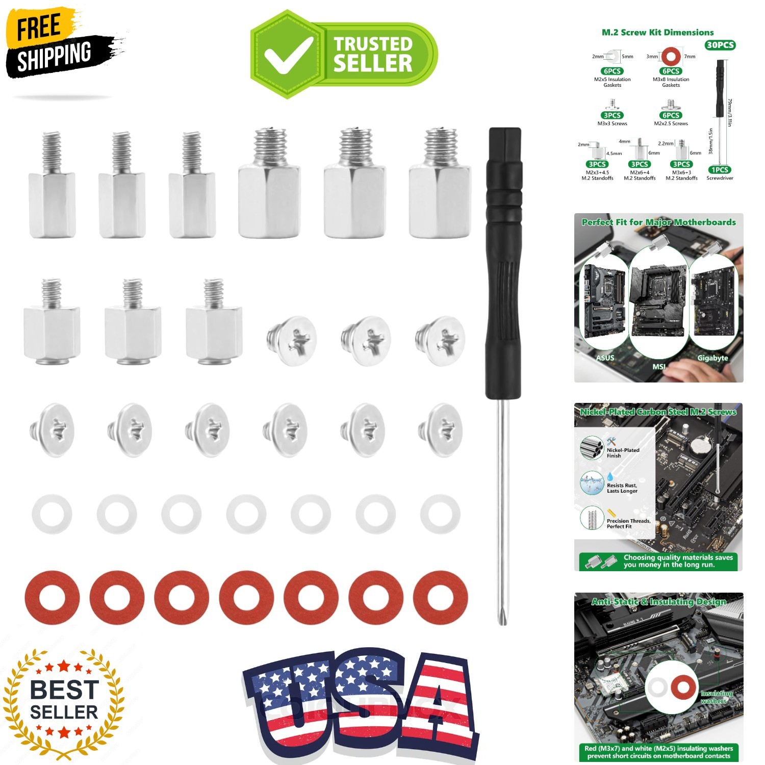 30PCS M.2 SSD Mounting Screws Kit, NVMe Screw Standoff Set with Insulating Ga…