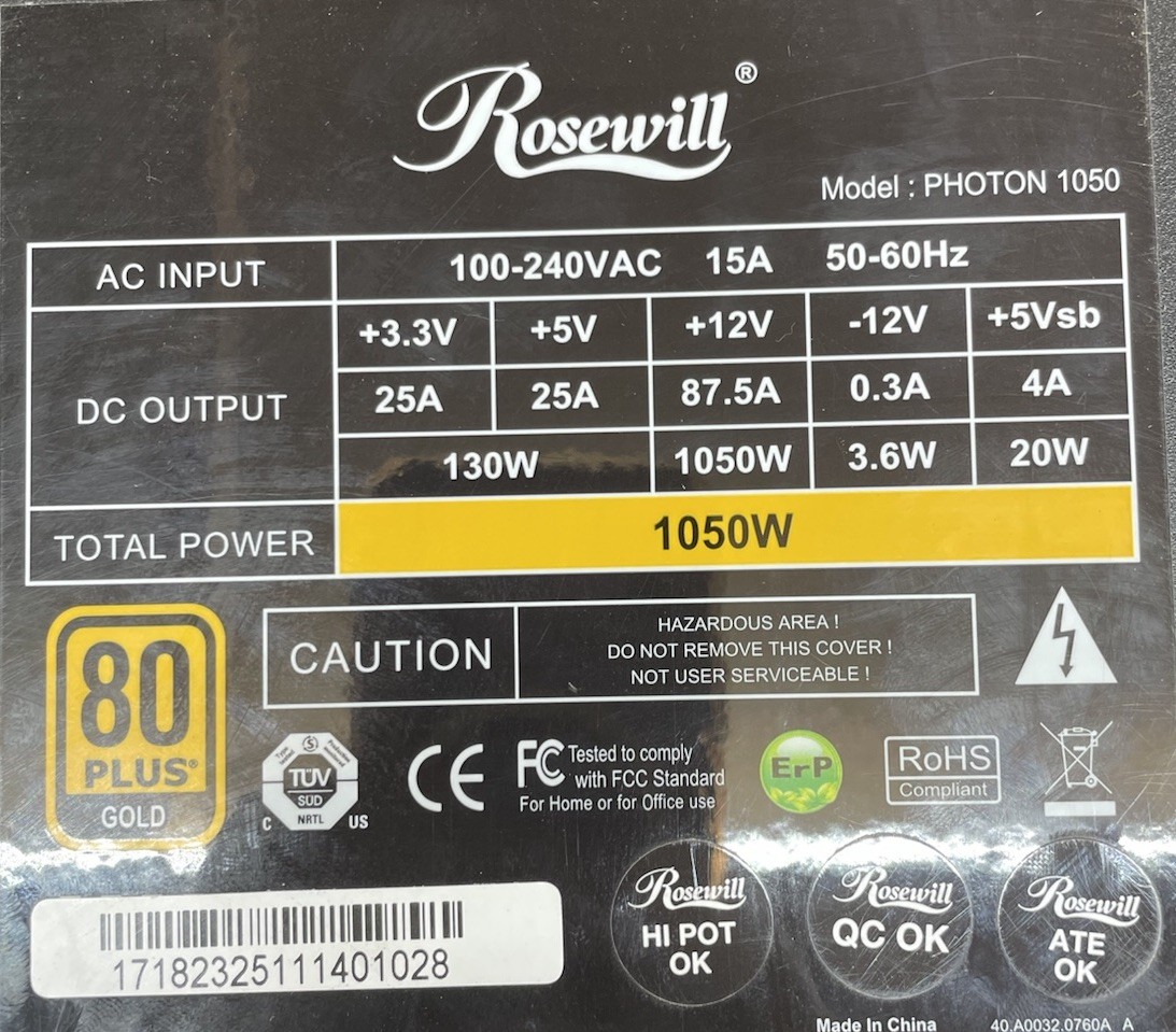 Rosewill Photon 1050 Full Modular Power Supply 1050W 80 Plus Gold TESTED
