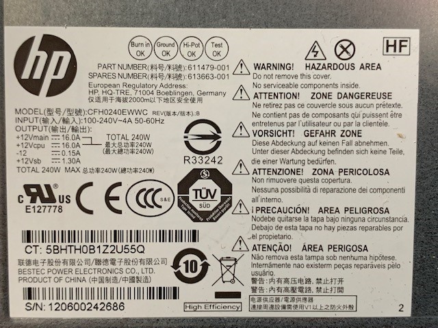 GENUINE HP 240W Power Supply 611479-001 🔹 613663-001 🔹 PCA-019 🔹 CFH0240EWWC