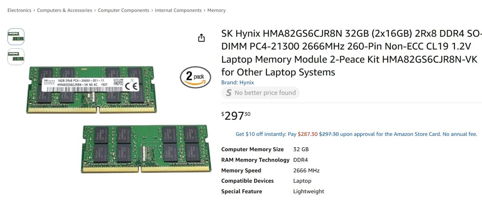 SK Hynix 32GB (2x16GB) 2Rx8 DDR4 SO-DIMM PC4-21300 2666MHz 260-Pin WARRANTY