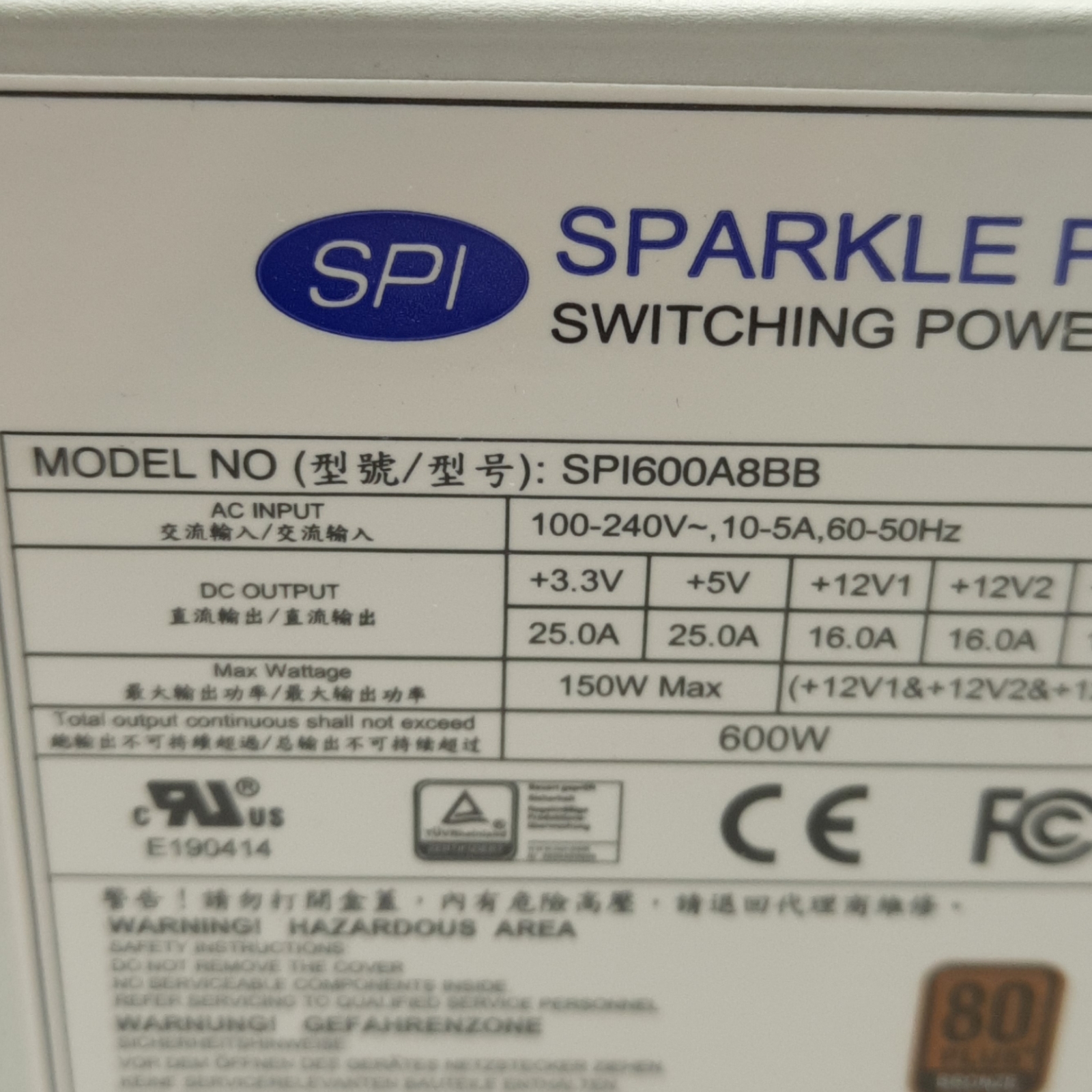 Sparkle Power SPI600A8BB ATX DC Power Supply, 100-240VAC Input, 600W Output