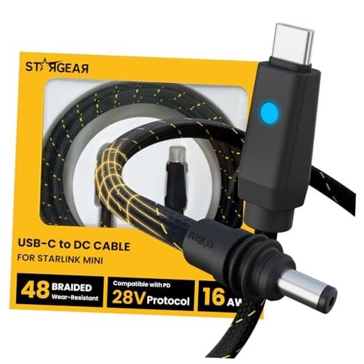 Starlink Mini Cable 6.5FT, Max 140W Input Starlink Black Braided 6.5FT with LED