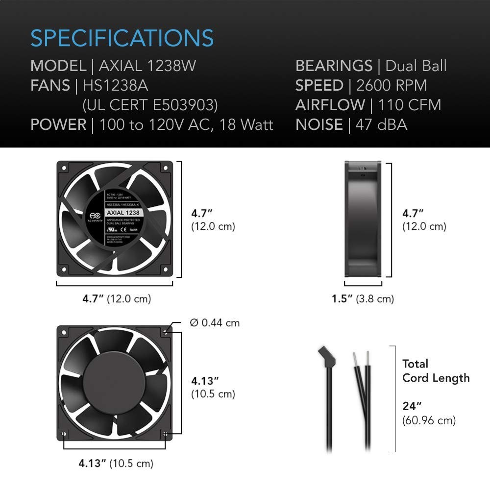 AXIAL 1238W, Muffin Fan, 120V AC 120mm x 38mm High Speed, for DIY Cooling Ven…