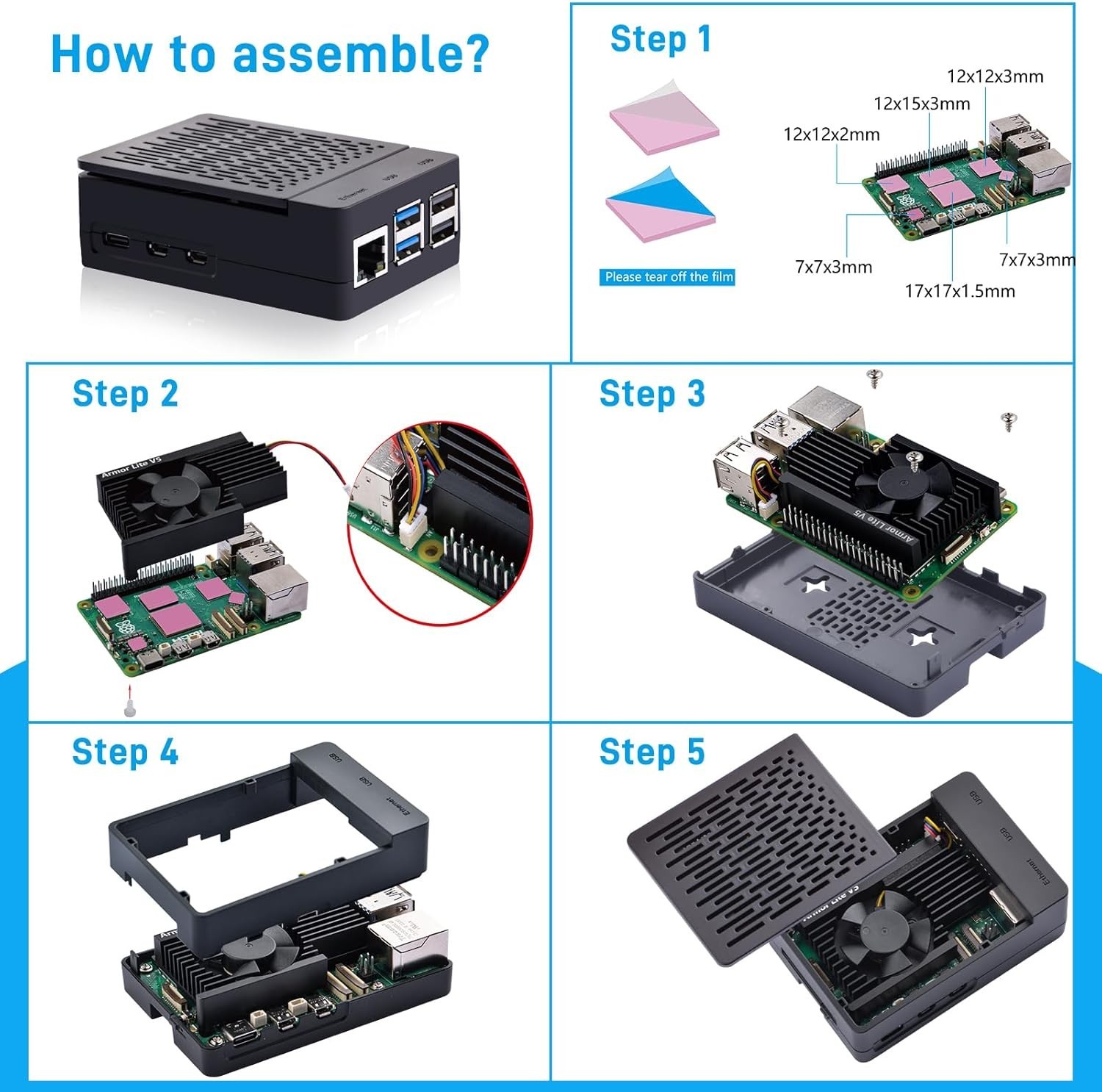 Raspberry Pi 5 Case with Heatsink & Fan – Active Cooling, Black