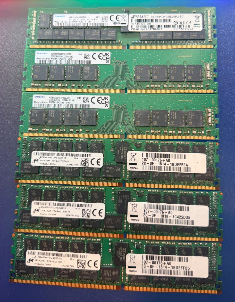 Lot of 6x DDR4 32GB memory modules. 3x 32GB 2400T 3x 32GB 3200AA. PC4, Working.