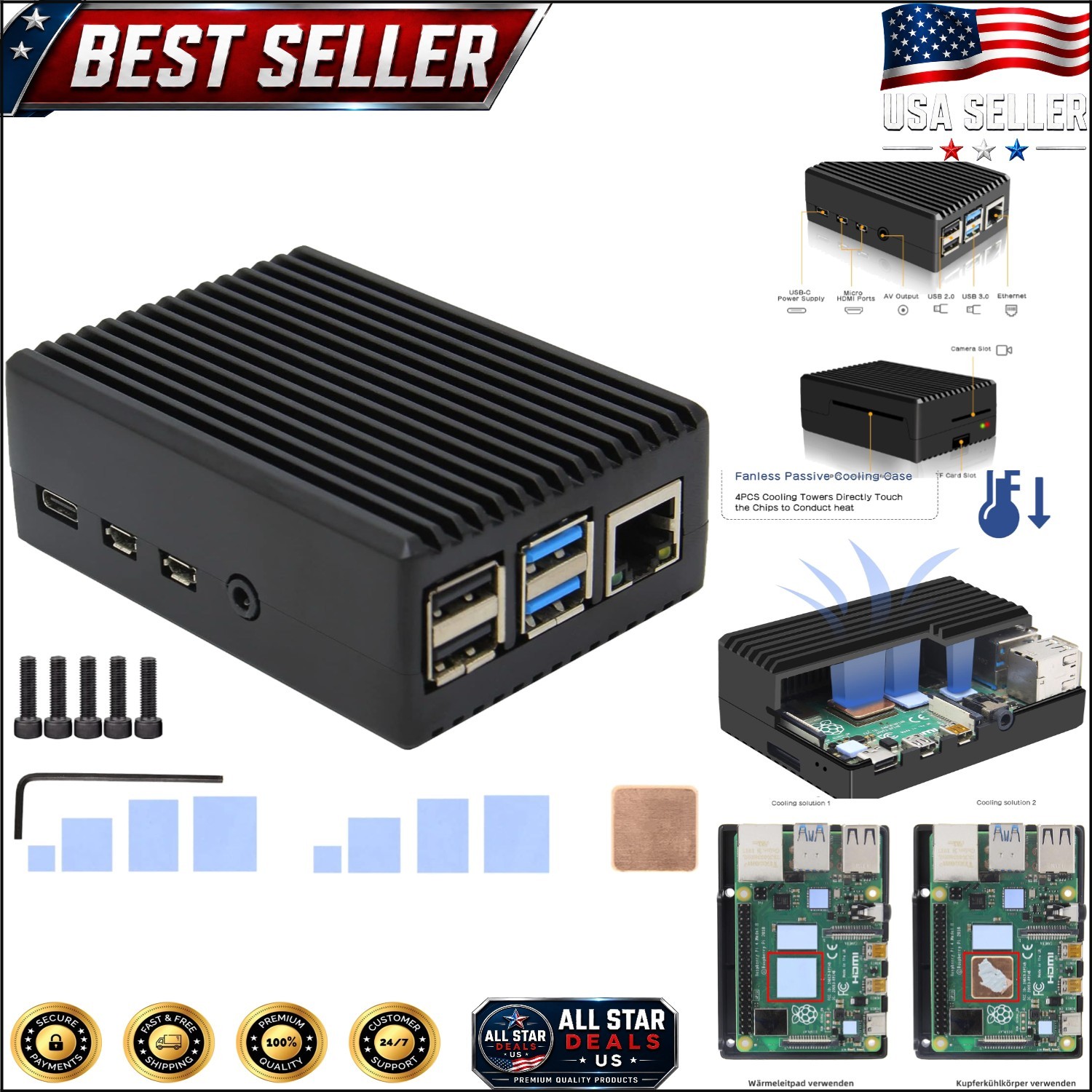 Durable Aluminum Passive Cooling Case for Raspberry Pi 4 Model B – Easy Access