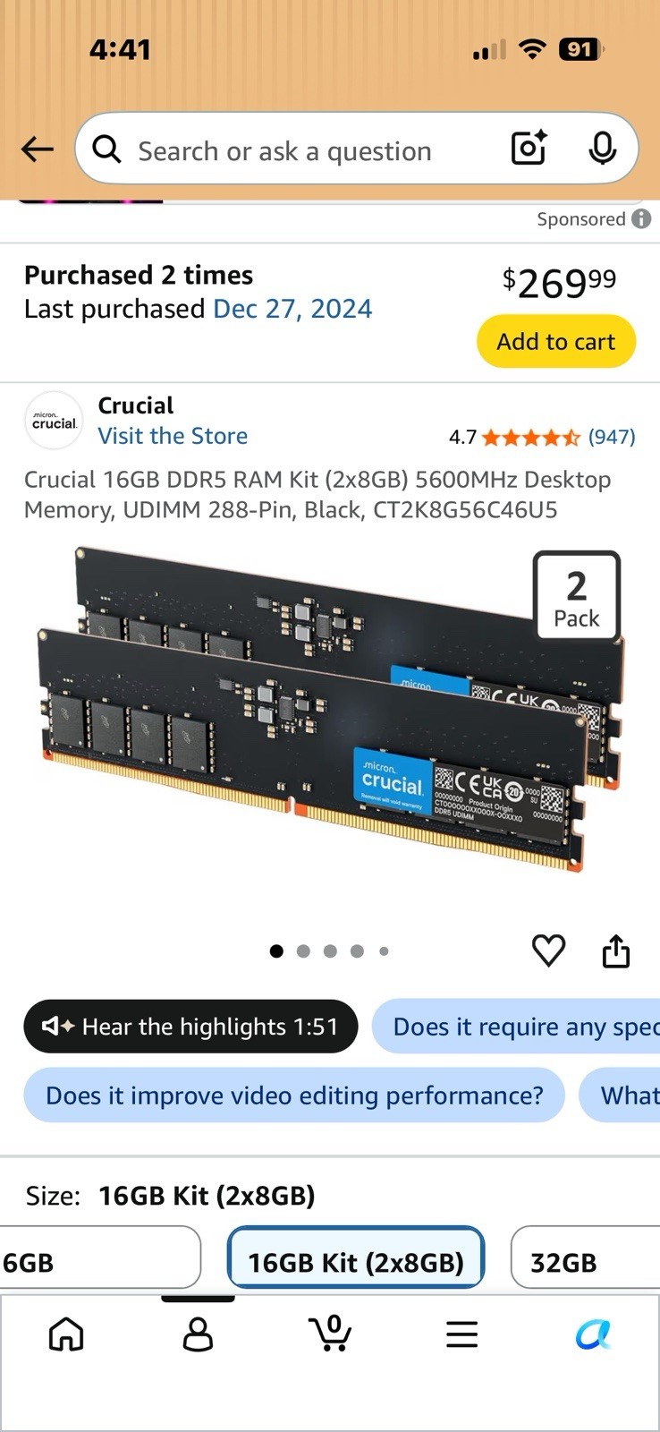 Crucial 32GB (4x8GB) DDR5-5600 UDIMM Non-ECC 288-Pin CT8G56C46U5.C4D