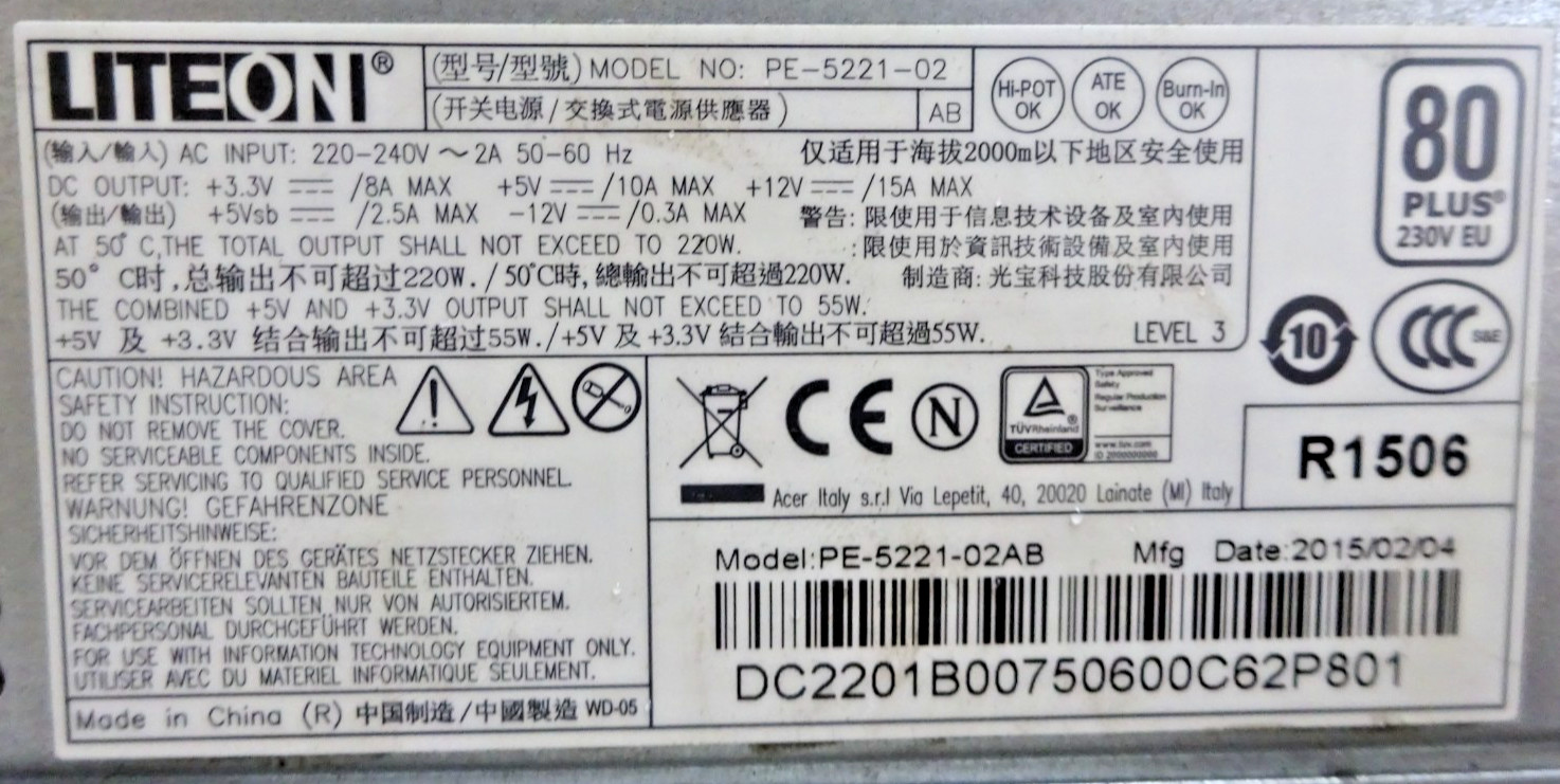 Liteon PE-5221-02 24Pin 80PLUS 230V EU Power Supply 220W #NT4518