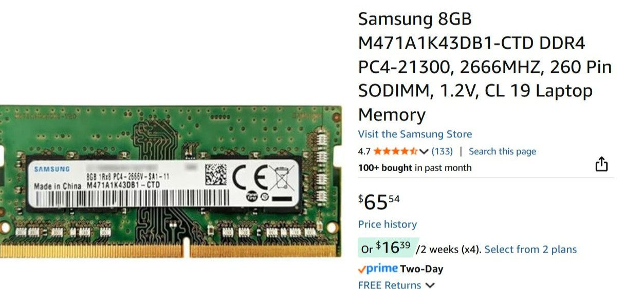SAMSUNG 8GB DDR4 PC4-21300, 2666MHZ, 260 PIN SODIMM, 1.2V, 3YR WARRANTY
