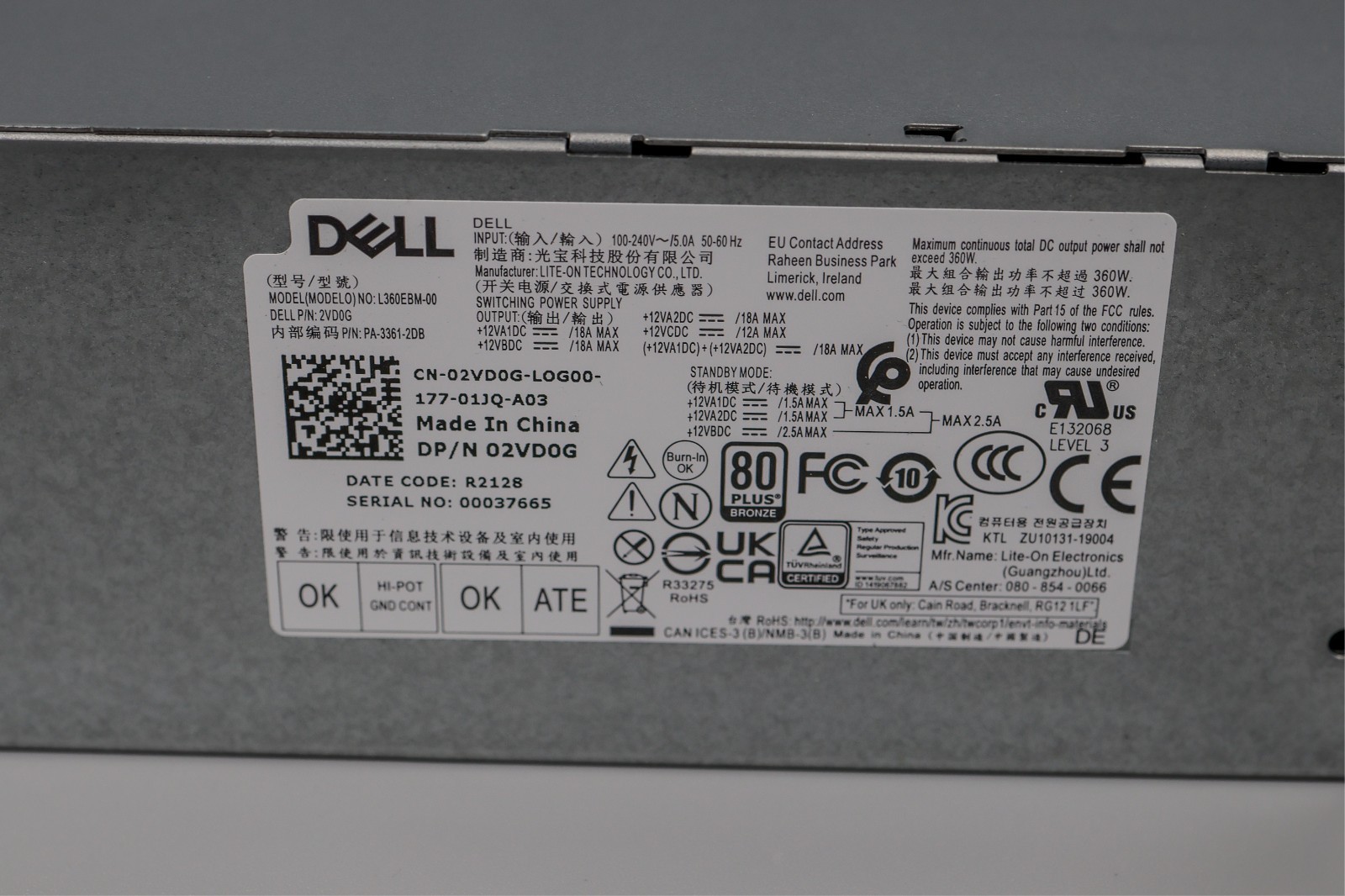 Genuine Dell XPS 8940 360W Power Supply – Model L360EBM-00 – DP/N 2VD0G / 02VD0G