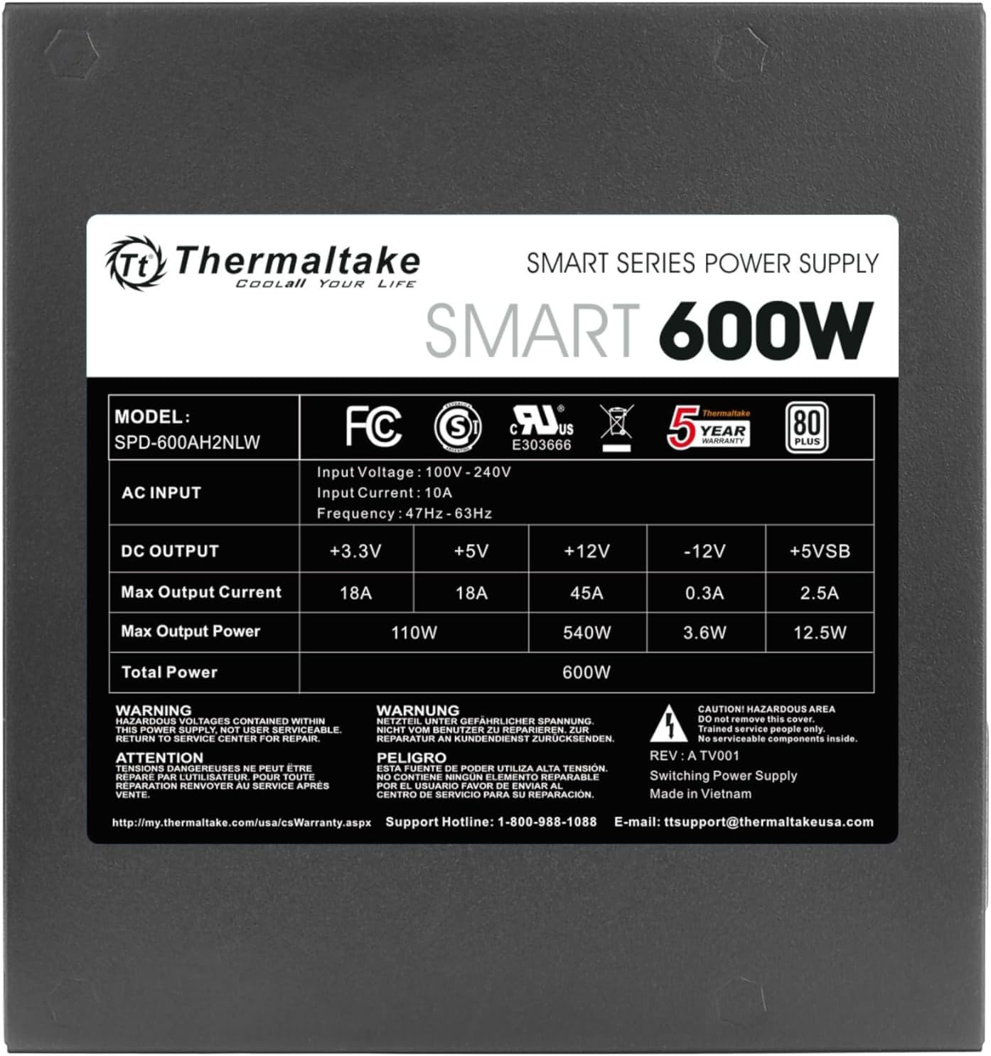 Thermaltake SMART 600W ATX 12V V2.3/EPS 80 Plus Certified Active PFC