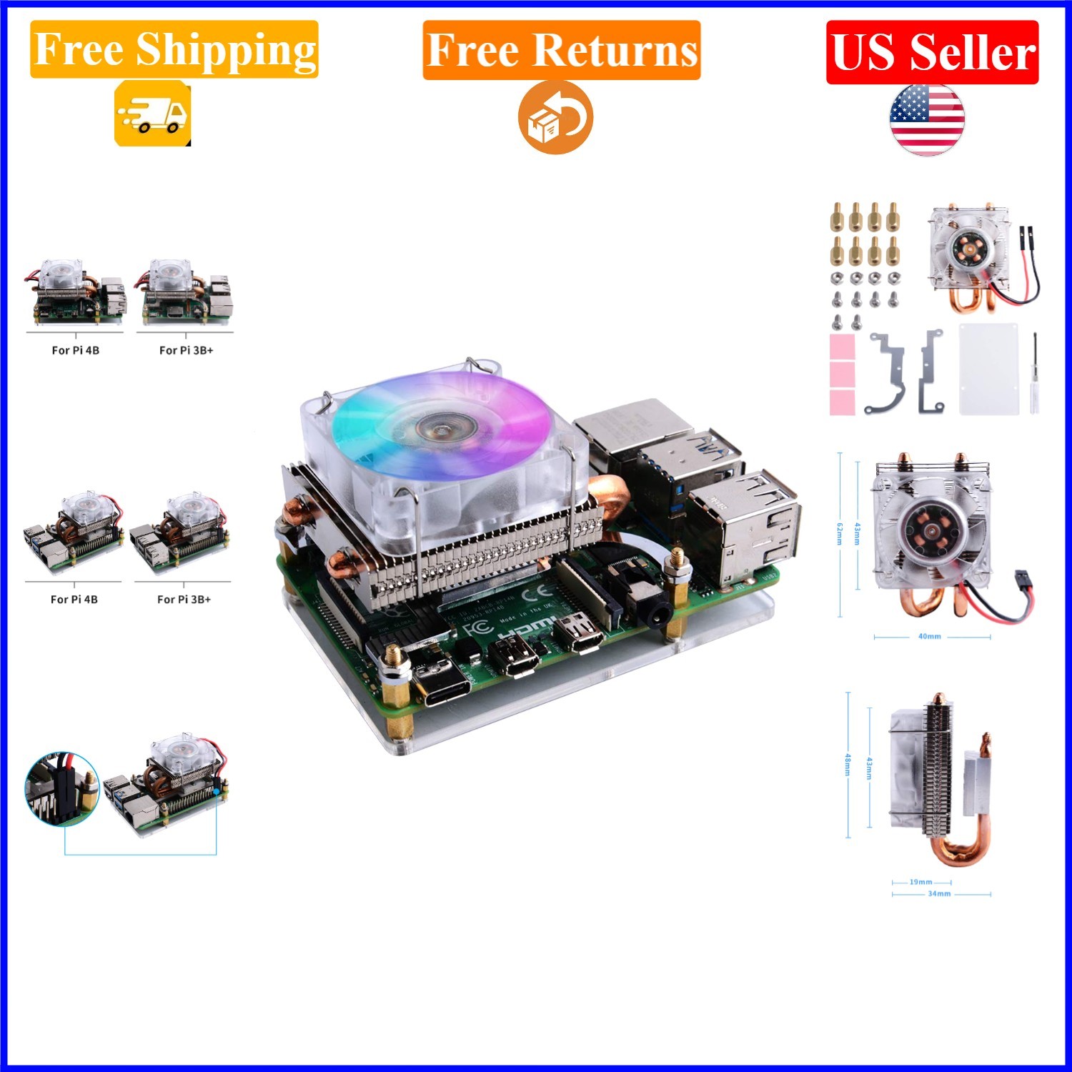Silver RGB PWM Cooler for Raspberry Pi 4B/3B+ with Copper & Aluminum