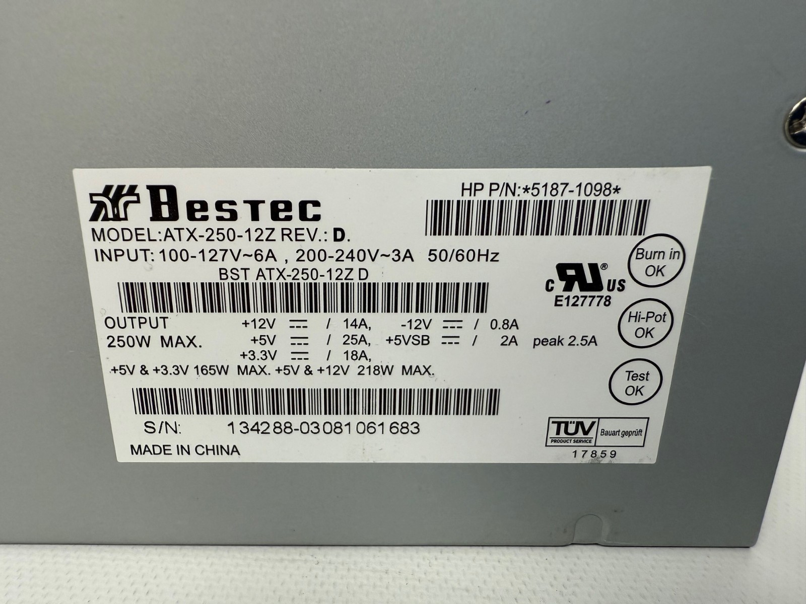 HP 5187-1098 250 WATT POWER SUPPLY PAVILION BESTEC ATX-250-12Z D