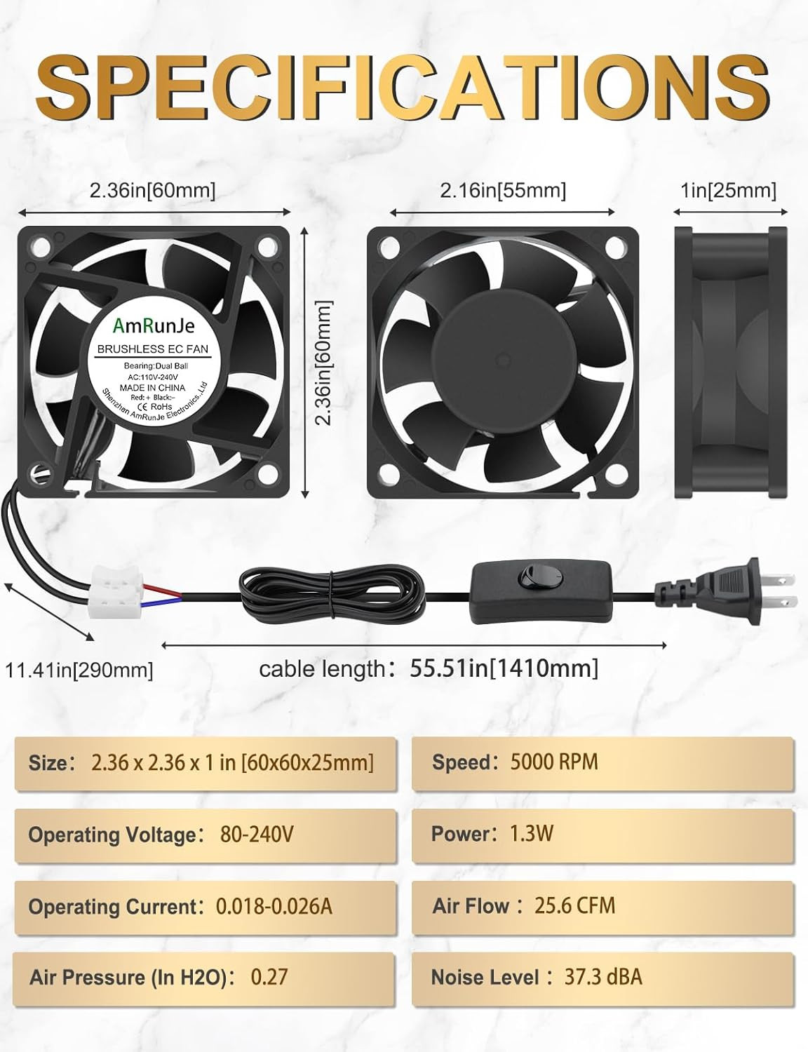 EC Small Cooling Fan 110V 115V 120V 220V 240V 60Mm X 25Mm Dual Ball Bearing Fan