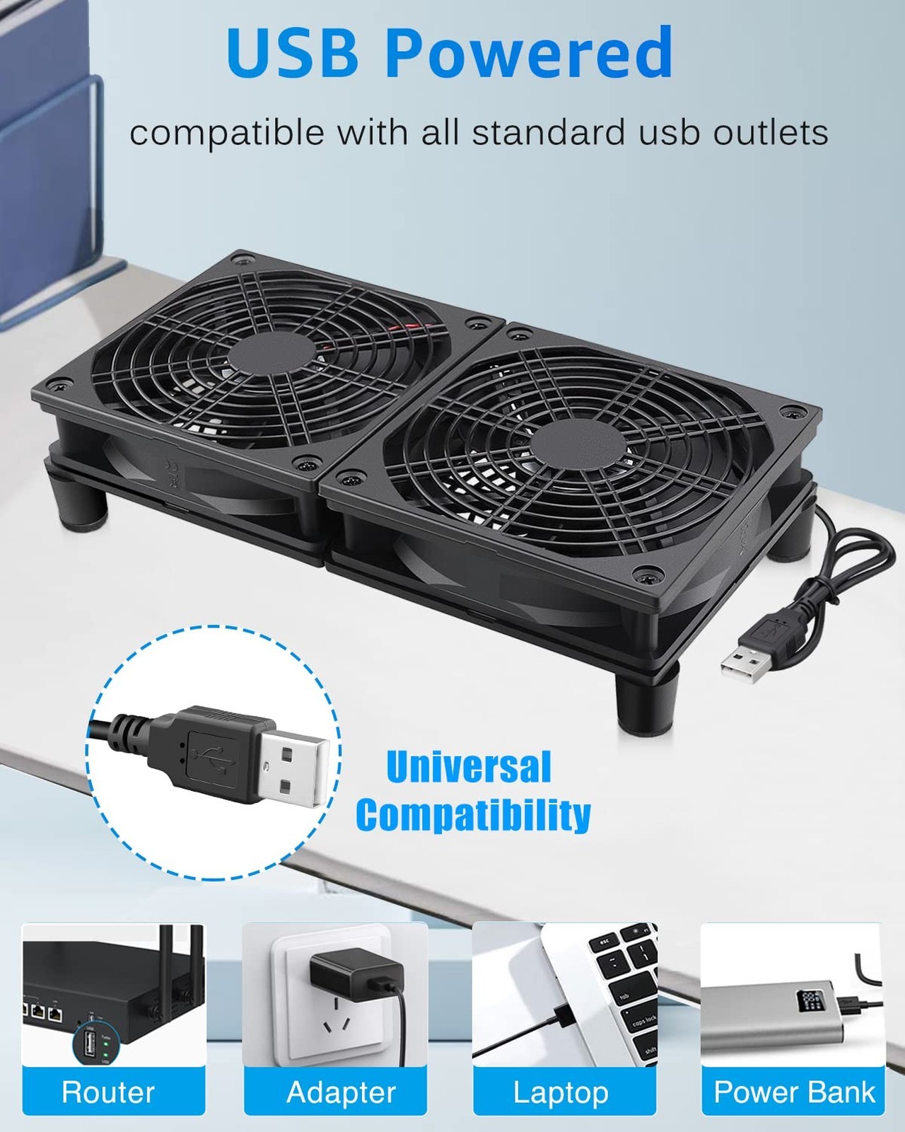 Computer Case Fan Dual 120mm USB Powered with 3 Speed Control Quiet Cooling