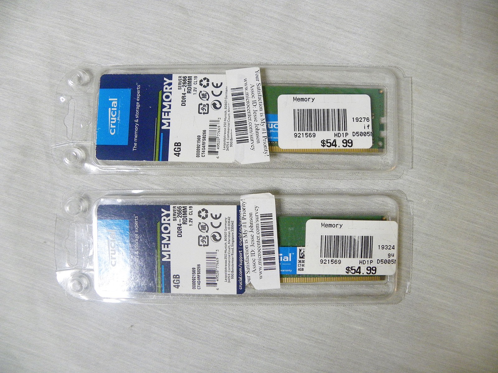 MICRON Lot of 2 4GB 1Rx8 PC4-2666V-RD1-11 Server RAM MTA9ASF51272PZ