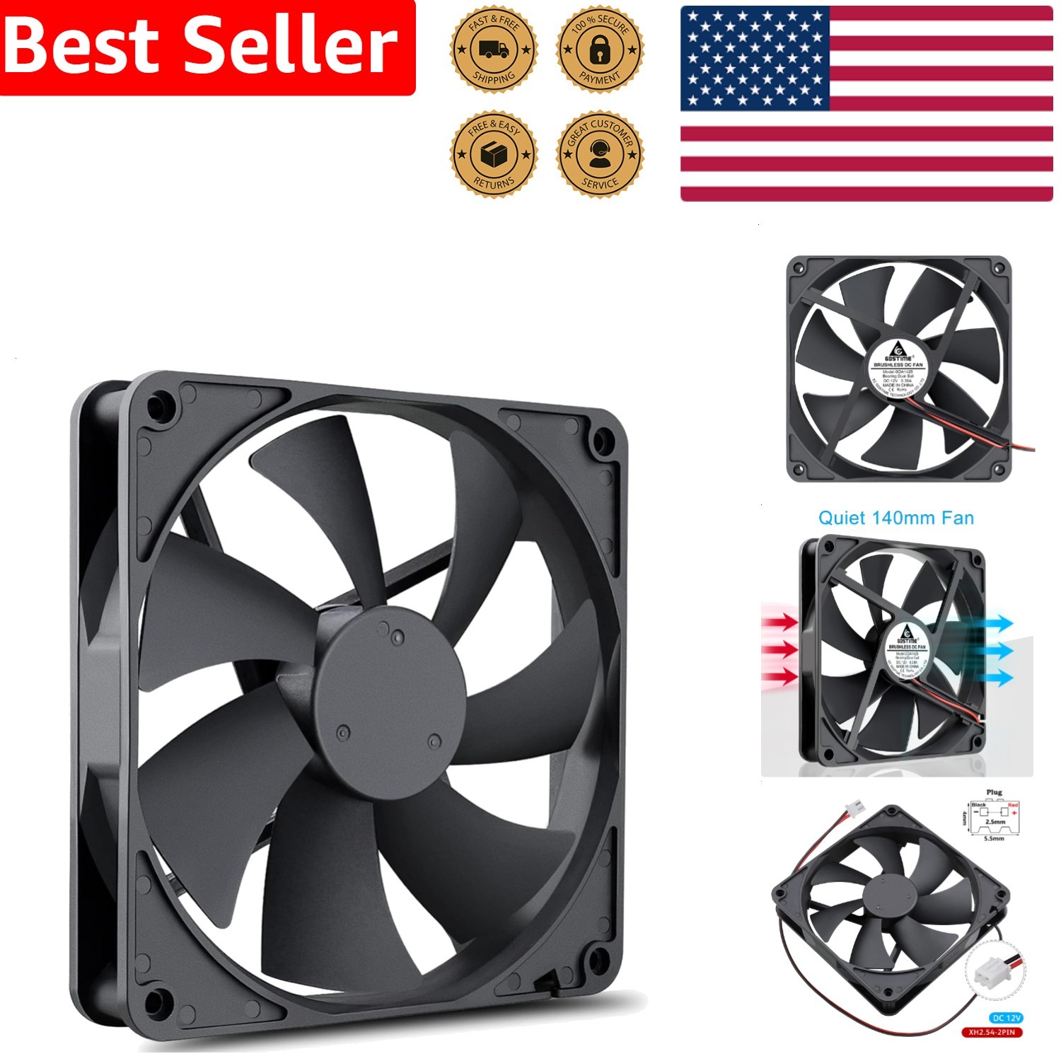 Durable 140x25mm 12V Brushless Cooling Fan 2200RPM Dual Ball Bearing PC Cooler