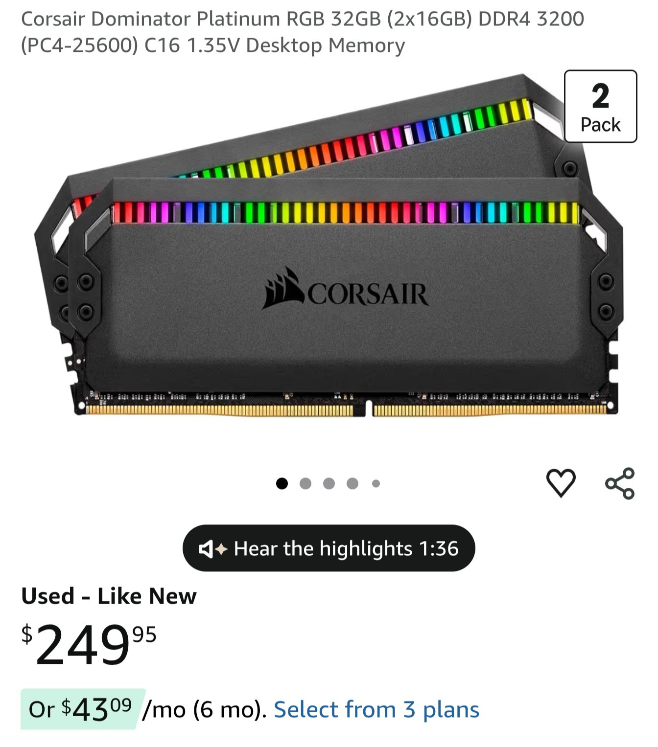 Corsair Dominator Platinum RGB 32GB/2X16GB DDR4 3200MHz Gaming RAM