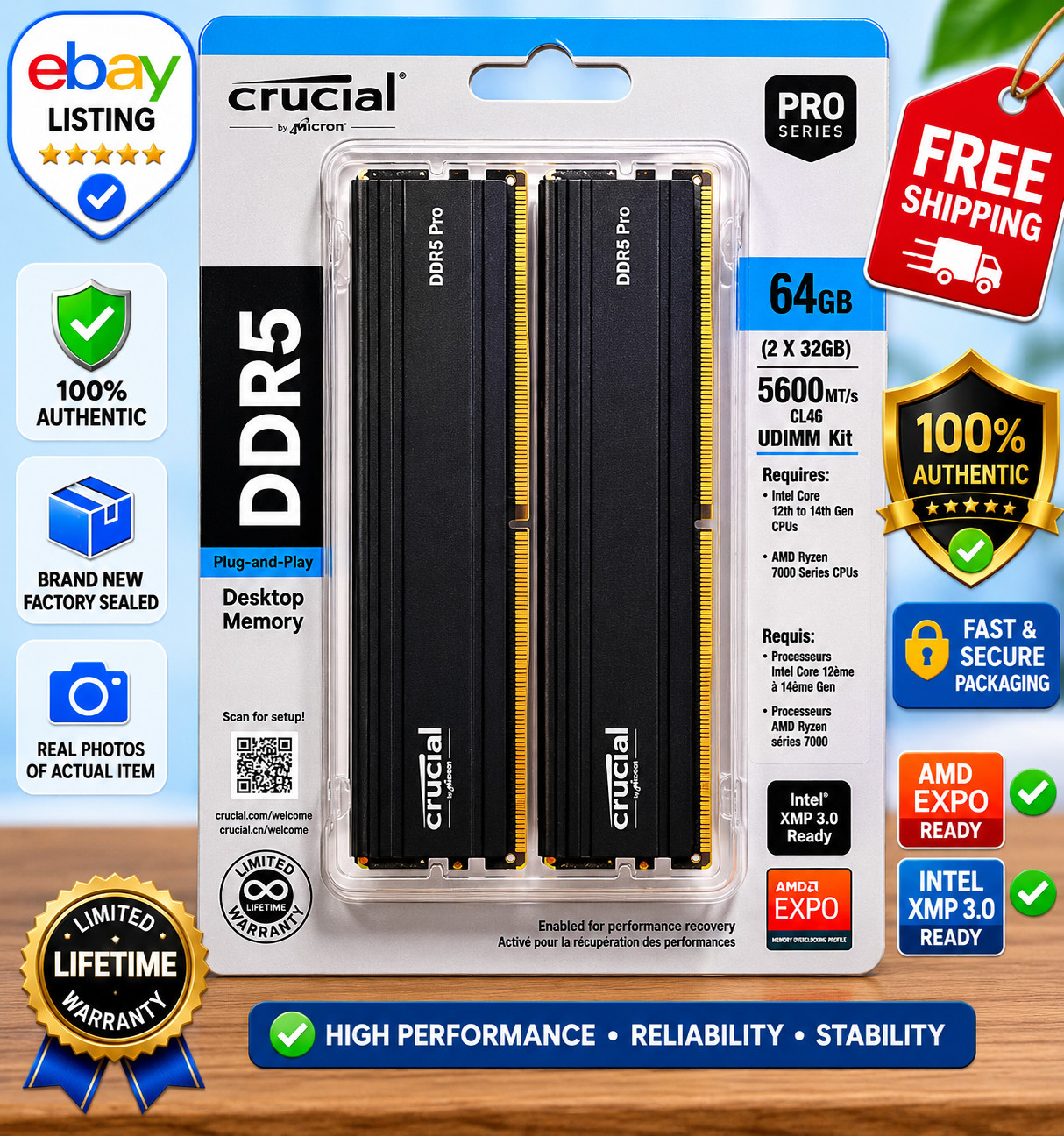 NEW SEALED Crucial Pro DDR5 64GB (2x32GB) 5600MHz CL46 XMP EXPO Micron