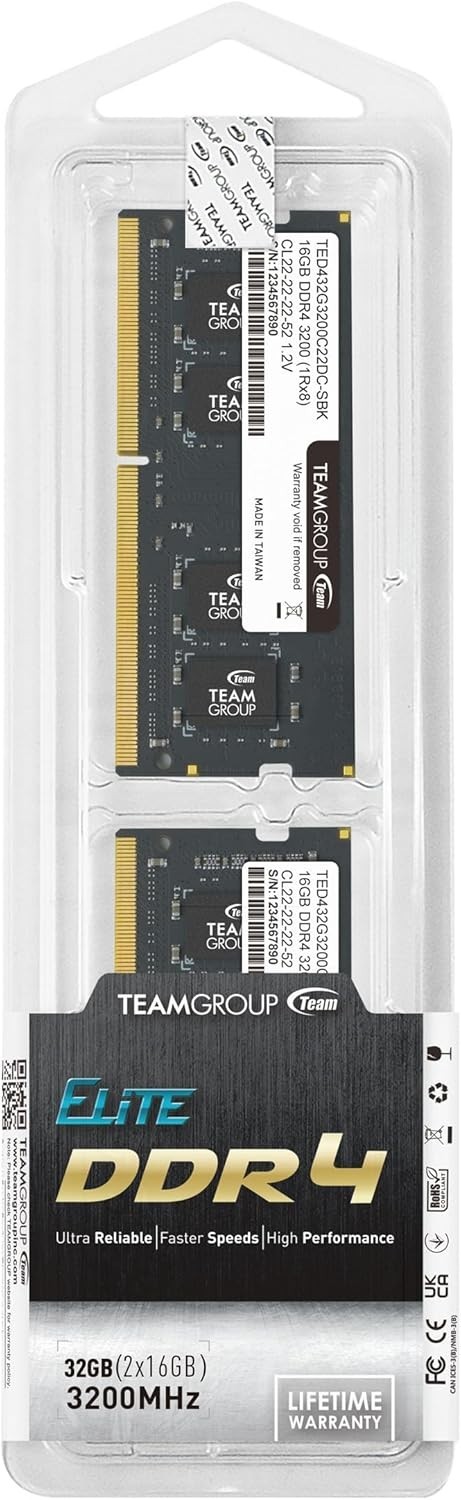 TEAMGROUP Elite DDR4 32GB Kit (2 x 16GB) 3200MHz PC4-25600 CL22 (2933MHz or 2666