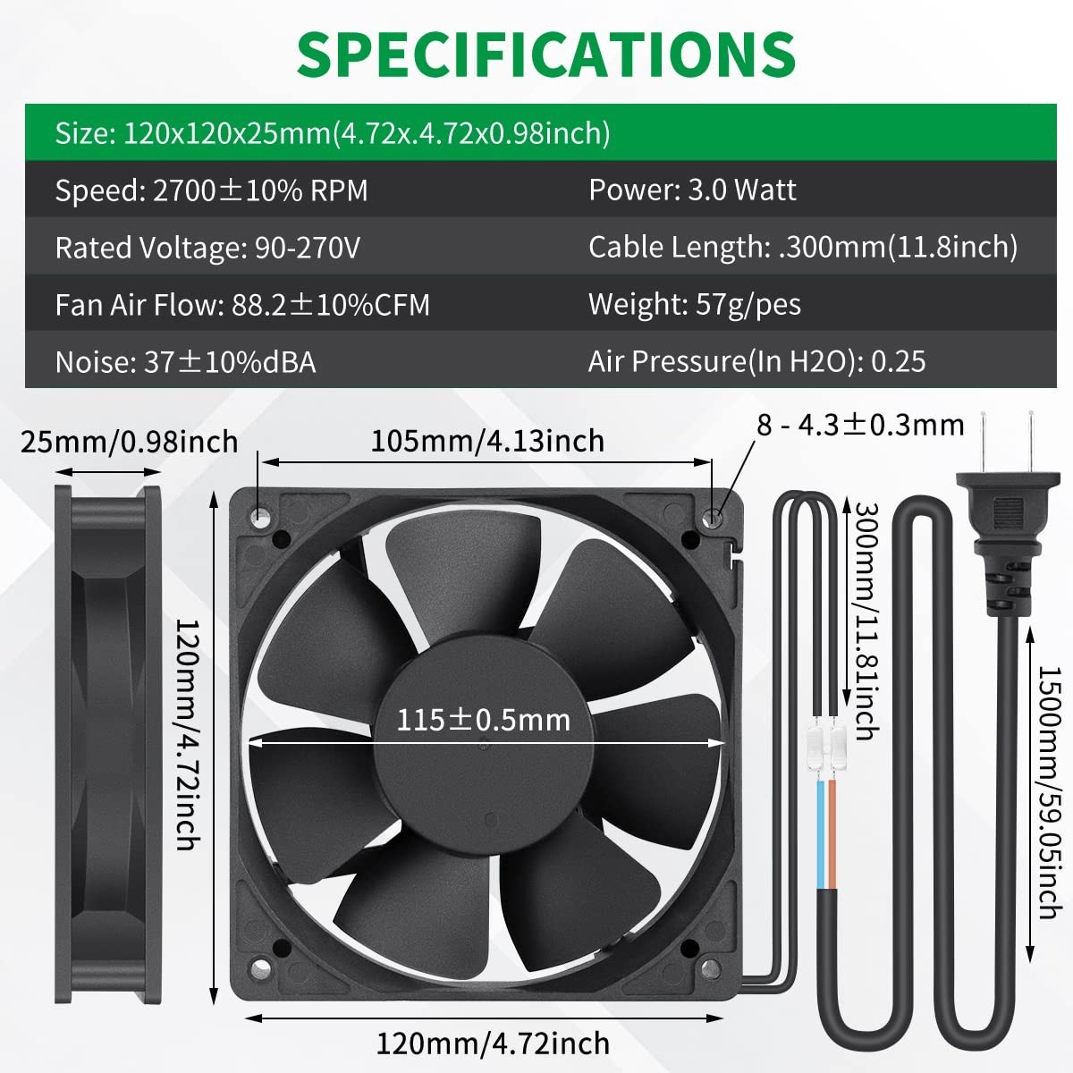 120mm AC Cooling Fan | 110V-240V, Brushless Motor, Slim 25mm Profile, DIY Ventil
