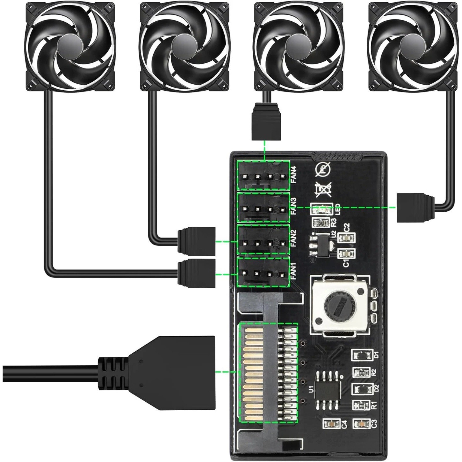 4 Pin PWM Fan Controller Hub SATA Power 12V 60W Adjustable Speed Knob PC Cooling
