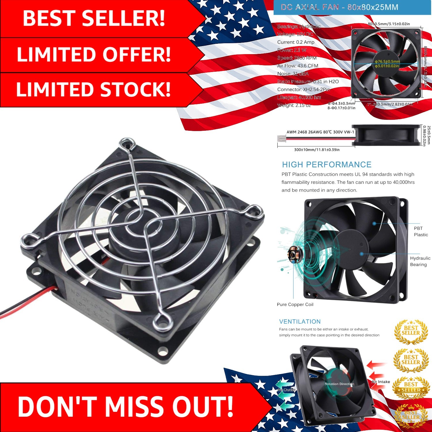 2900 RPM Brushless Fan with 2-Way Installation – Ideal for Electronics & DIY