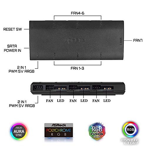 7-Port 4PIN SATA PWM 5V 3PIN ADDRESSABLE RGB Fan Hub/Splitter for 4-Pin & 3