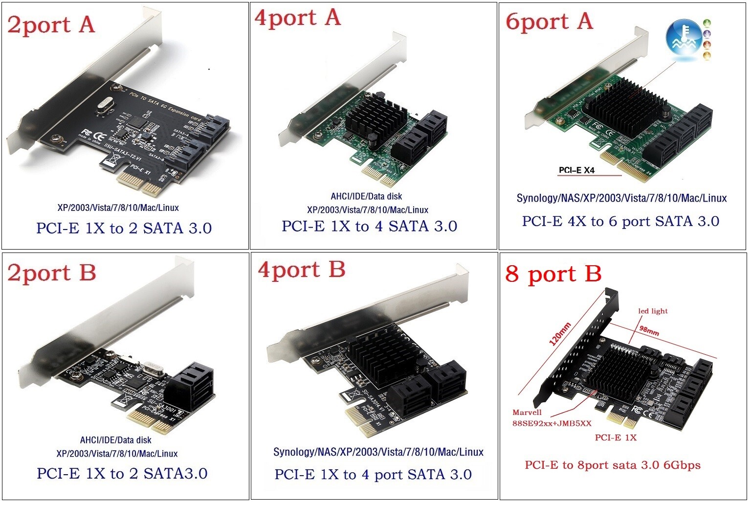 PCIe to SATA3.0 2Port 4Port 6Port 8Port adapter Expansion Card Controller card