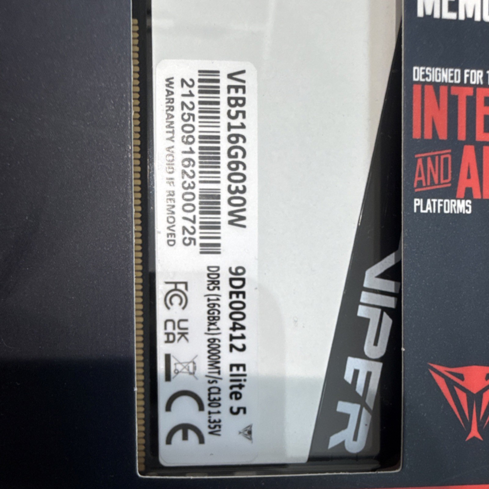 Patriot Viper Elite 5 DDR5 16GB 6000MT/s Single Channel Memory VEB516G6030W