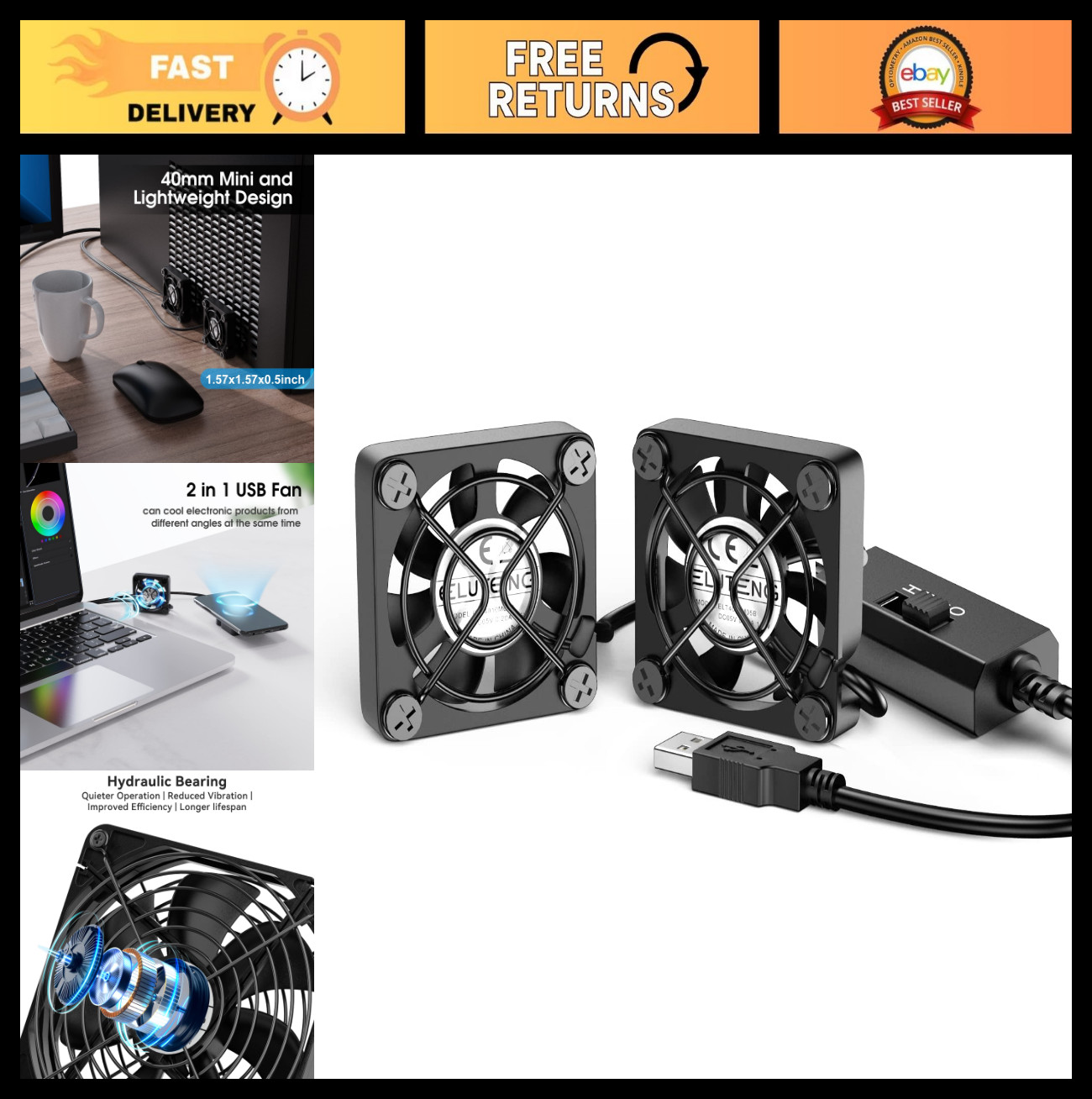Dual 40mm USB Mini Fan – 3 Speed Adjustable, Quiet Cooling for PC, Xbox, TV Box