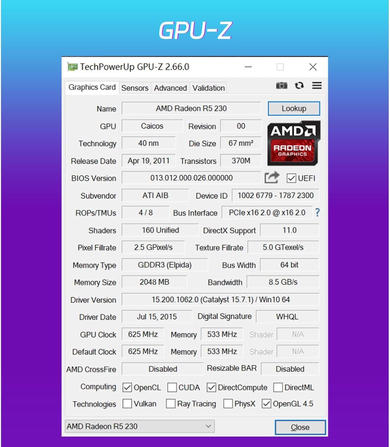 AMD Radeon R5 230 Low Profile Graphics Card, 2GB DDR3 64-Bit, VGA/DVI/HDMI 1.3A,